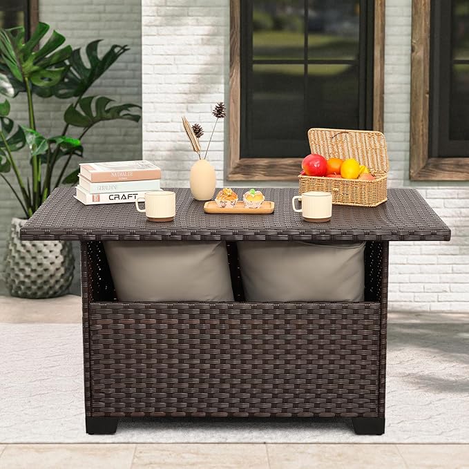 46 Inches Outdoor Coffee Table with Storage Wicker Patio Table Outdoor Dining Table with Glass Tabletop, Brown