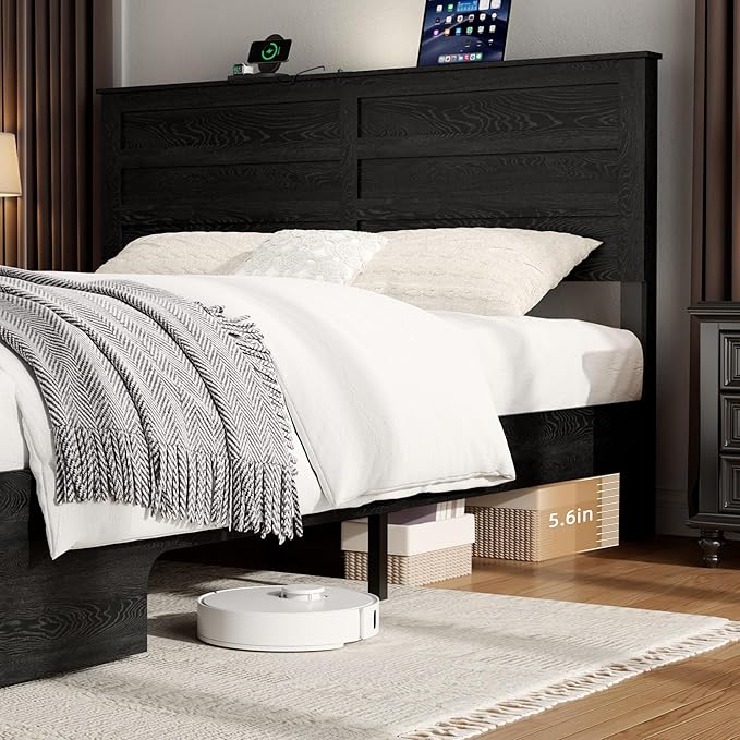 Wooden Bed Frame Full Size with Headboard & Sliding Barn Door Storage Footboard, Farmhouse Platform Bedframe with Charging Station, No Box Spring Needed, Black