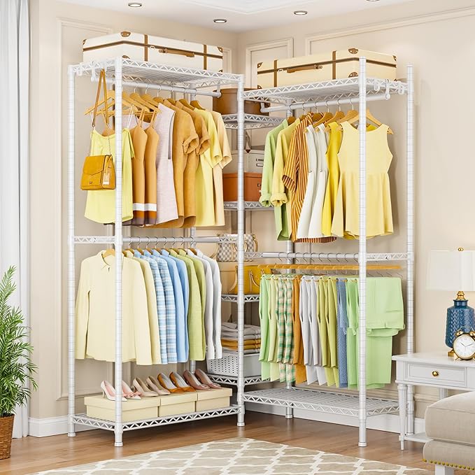 Ulif E4 Clothes Rack, Heavy-Duty Garment Rack, Metal Freestanding Clothing Organization Storage System Can Be L-shaped with Shelves and Hangers, Max Load 962lbs, 71.6" W x 14.5" D x 79.3" H, White