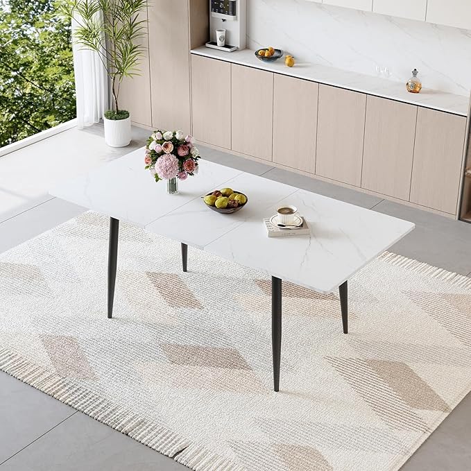 59"-75" White Extendable Dining Table for 6–8, Modern Rectangular Kitchen Dining Table with Black Metal Legs, Durable MDF Top, Space-Saving Expandable Dinner Table for Dining Room or Apartment
