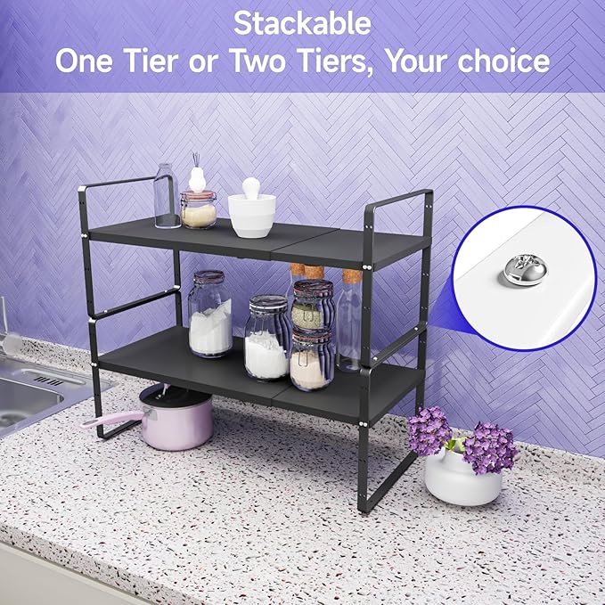 2Pack 16.5-27’’L Expandable Stackable Cabinet Shelves, Adjustable Spice Rack Cabinet Shelf Organizer for Kitchen, Countertop, Pantry and Cupboard, Black