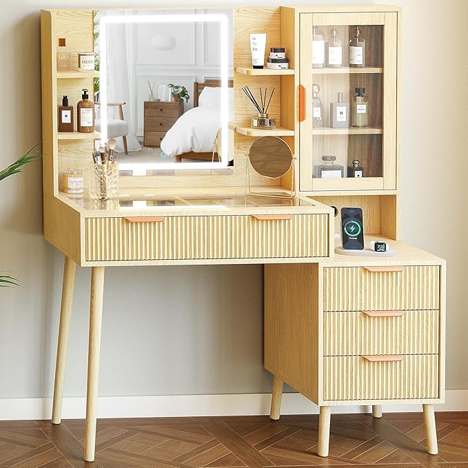 Fluted Vanity Desk with Mirror and Lights, 3 Color Clear Glass Door Dressing Table with Charging Station, 5 Drawers Glass Top Makeup Vanity with 9-Grid Organizer and 10 Storage, Light Oak