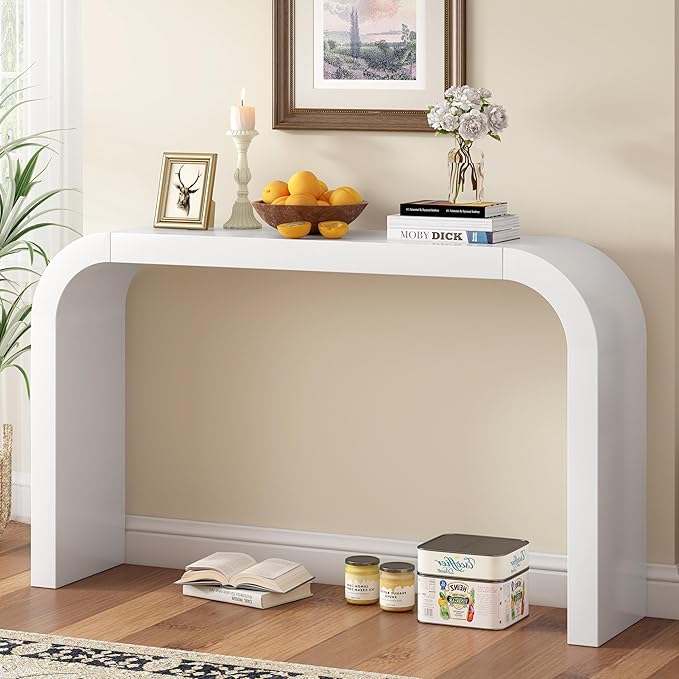 52" Curved Console Table for Entryway Modern Long and Narrow Foyer Table Behind Couch for Corridor Living Room Wood (White)