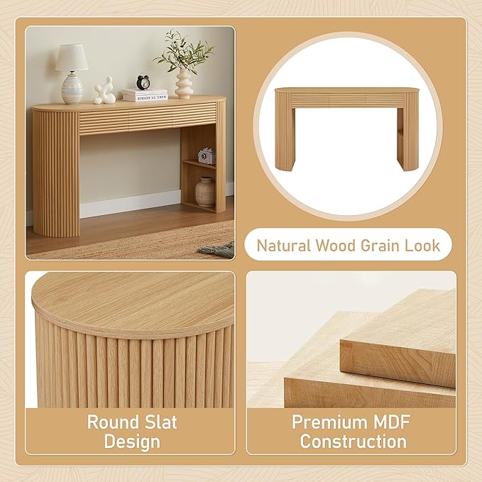 Merax Modern Retro Entryway Table, Rounded Console Table with3 Drawers and Open Hidden Storage for Living Room, Hallway and Office, Nature