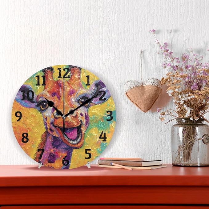 Wall Clock Colourful Giraffe Oil Painting Silent Non Ticking Wall Clock Decorative Battery Operated Wall Clocks for Home Kitchen Bedroom Living Room Office
