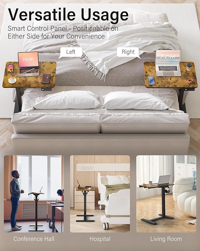 FiCiHi Small Electric Standing Desk - Adjustable Height Bedside Laptop Table with Wheels, Mobile, Portable Rolling Computer Cart,Movable, Home Office, Sofa, Couch Use(24x16,Rustic Brown)