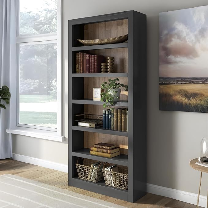 Signature Design by Ashley Wildenauer Farmhouse 75" Bookcase with 2 Fixed Shelves and 4 Adjustable Shelves, Black & Light Brown