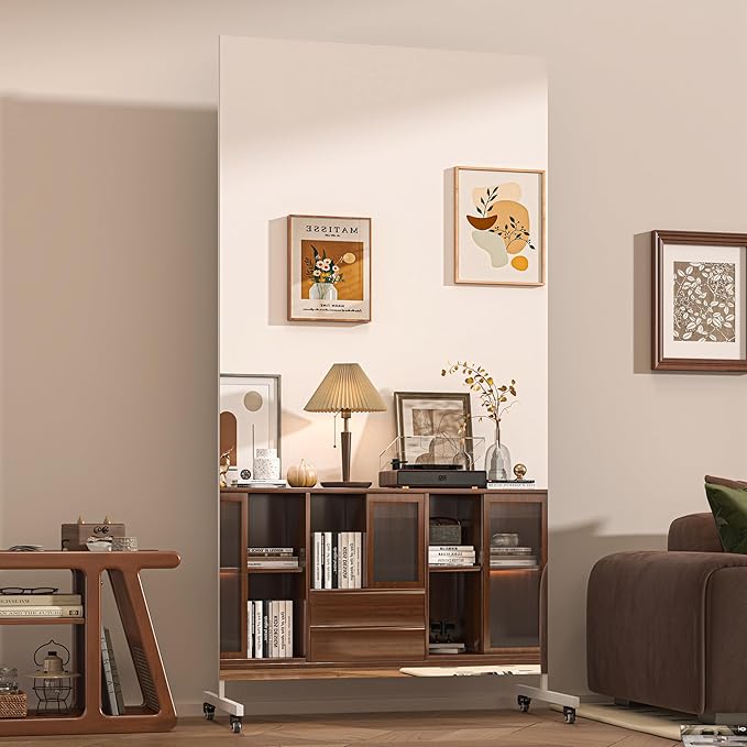 Hasipu Home Gym Mirror 360° Swivel on Wheels, 71" x 32" Extra Large Full Body Rolling Mirror for Yoga Studio, Bedroom, Dancing Studio, White