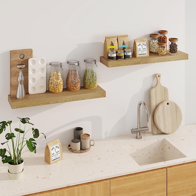 Fun Memories Floating Shelves for Wall, 32Inch Floating Shelves Set of 2, Hanging Shelf with Invisible Brackets, Wood Shelves for Living Room, Bedroom, Kitchen, Oak