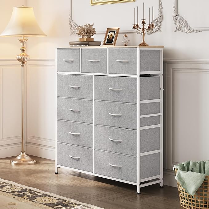 WLIVE Storage Organizer Unit with 11 Fabric Bins, Storage Drawers Organizer with Steel Frame, Tall Storage Tower Organizaton for Living Room, Hallway, Office, Light Grey
