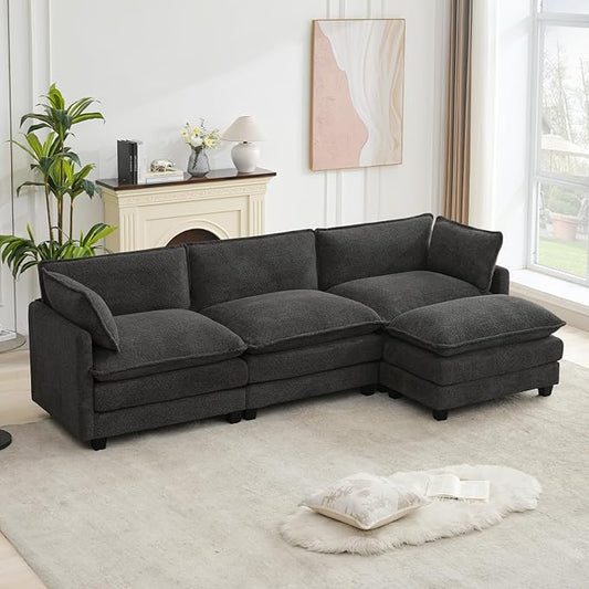 ROWHY Oversized Modular Sectional Couch with Movable Ottoman, 112" Modern Convertible L Shaped Sofa Set, 4 Seat Comfy Cloud Couch with 2 Throw Pillows, for Living Room, Chenille, Charcoal Grey