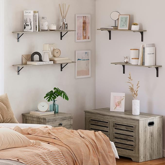 DINZI LVJ Long Wall Shelves, 31.5 Inch Wall Mounted Shelves Set of 2, Easy-to-Install, Floating Storage Ledges with Sturdy Metal Brackets for Living Room, Bathroom, Bedroom, Kitchen, Gray Wash