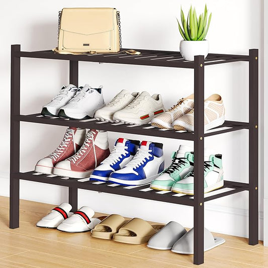 Smiry Shoe Rack, 3 Tier Bamboo Shoe Organizer, Stackable Free Standing Wooden Shoe Storage Shelf for Closet, Entryway, Front Door Entrance, Brown