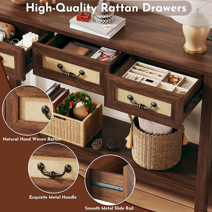 47.2" Console Table with 3 Rattan Drawers, Long Sofa Table with Storage Behind Couch, Farmhouse Entryway Table with Power Outlet & Open Storage for Entrance/Hallway/Foyer/Living Room, Walnut
