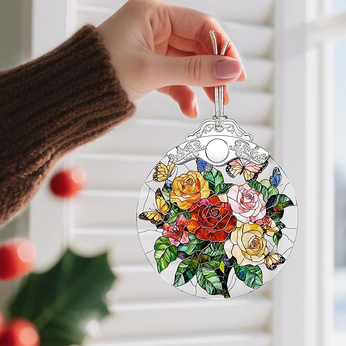 Butterfly & Rose Christmas Decorations - Christmas Ornaments for Tree | Stained Glass Ornament | Holiday Ornament – Flower Lover Gifts | Gift Ideas | Xmas Gift