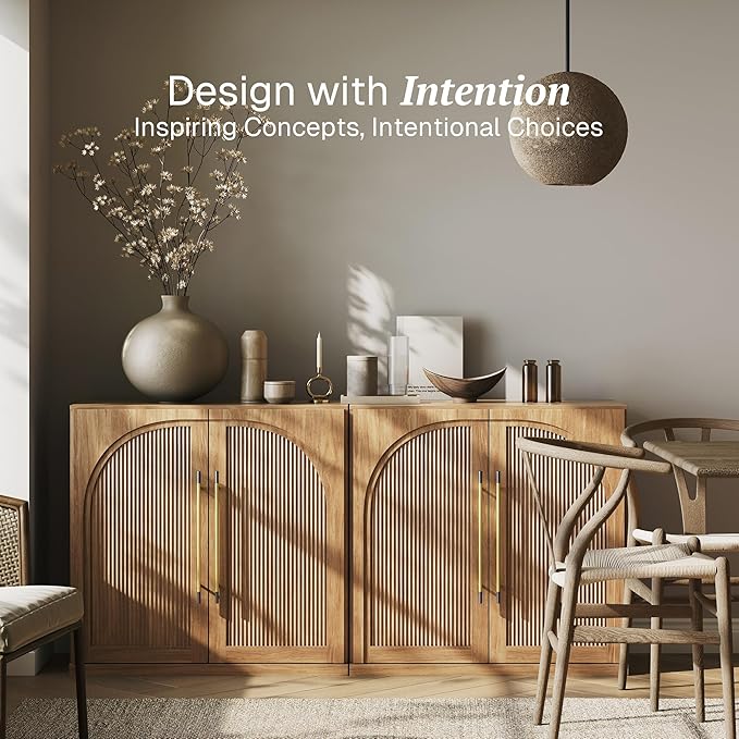 BELLEZE Set of 2 Modular Sideboard with Double-Arc Wood Doors, Small Arched Buffet Cabinet with Storage and Adjustable Shelves, Classic Modern Credenza for Dining Room, Living Room or Entryway(Camel)