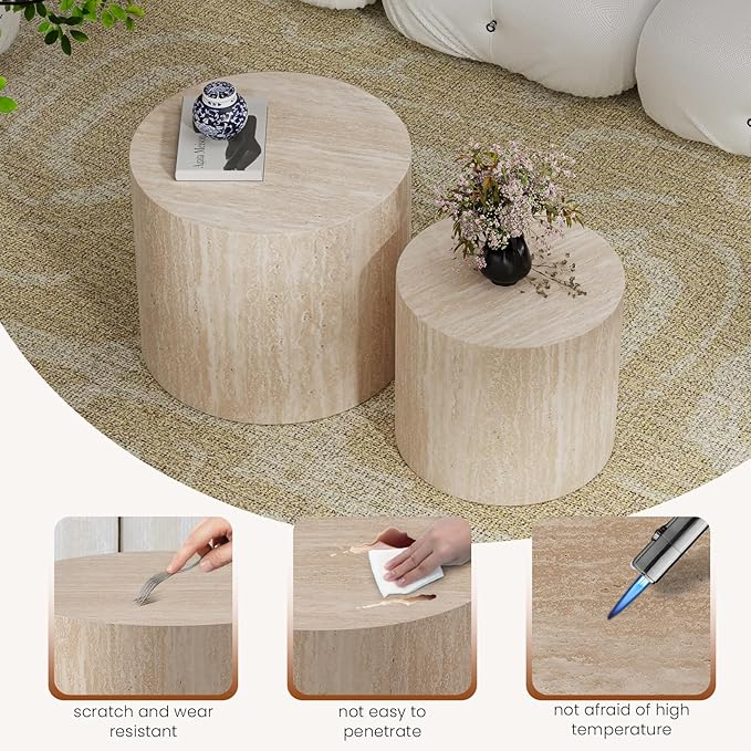 Nesting Coffee Table Set of 2 Modern Round Coffee Table with Non-Slip Feet, Wooden Circle Accent Tables Contemporary Drum Side Table End Table for Living Room Bedroom (Travertine)