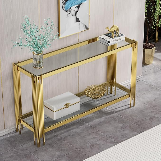 Goujxcy Modern Glass Console Table 55" Gold Entryway Table with Tempered Glass Top and Mirror Finish Stainless Steel Legs, Luxury Rectangular Sofa Table for Living Room Hallway Corridor Table (Gold)