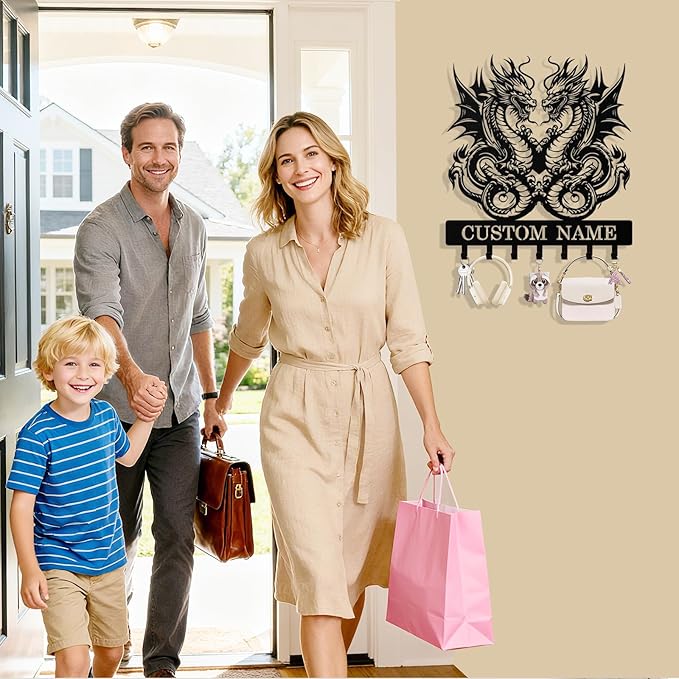 Personalized Dragon Key Holder Wall Mount, Custom Metal Keys Hanger for Wall with Name, Custom Key Rack Holder with Hooks for Home, Entryway, Front Door, Living Room, Kitchen, Bathroom