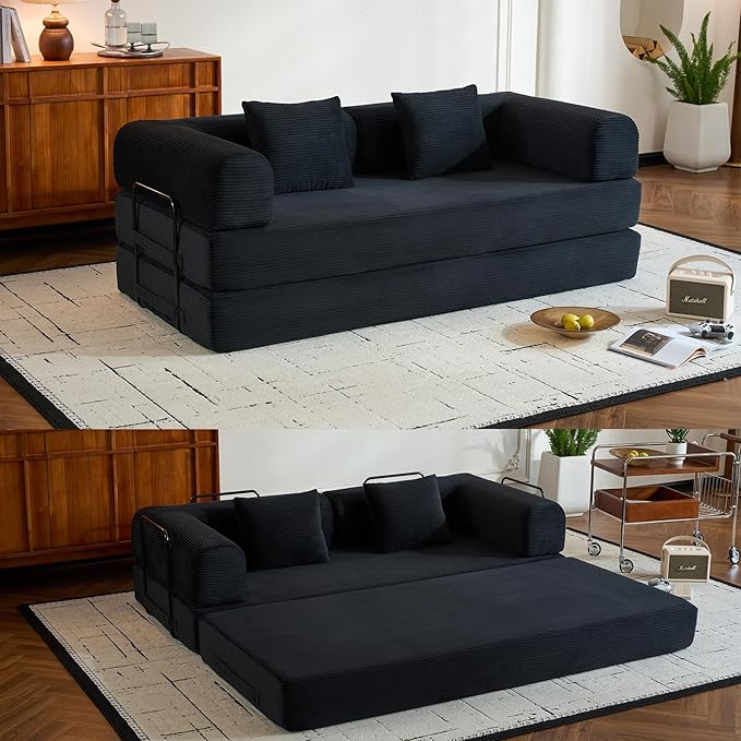 Convertible Sleeper Sofa Bed with Fixed-Shape Frame, Corduroy Folding Boneless Couch with Cylindrical Pillow, Comfy Floor Sofa Couch for Living Room, No Assembly Required, Black