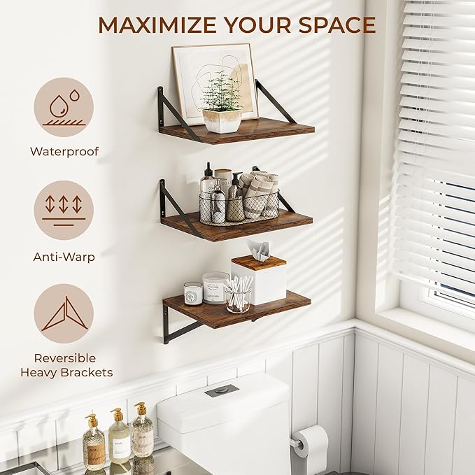 Deep Floating Shelves for Wall, 12 Inch Deep Floating Shelves Set of 3, 16W x 12D Wood Wall Shelves, Wide Wood Shelves with Metal Bracket for Living Room, Kitchen, Office, Bedroom - Rustic Brown