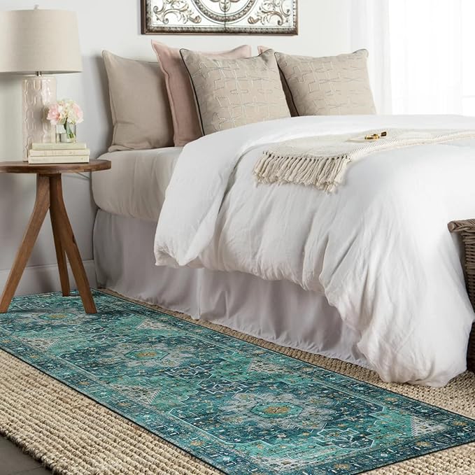 Moynesa Ultra-Thin Washable Vintage Runner Rug - 2'6"x8 Boho Hallway Kitchen Runner Oriental Medallion Bedside Mat Non-Slip Non-Shedding Indoor Throw Carpet for Laundry Entrance, Teal/Mutil