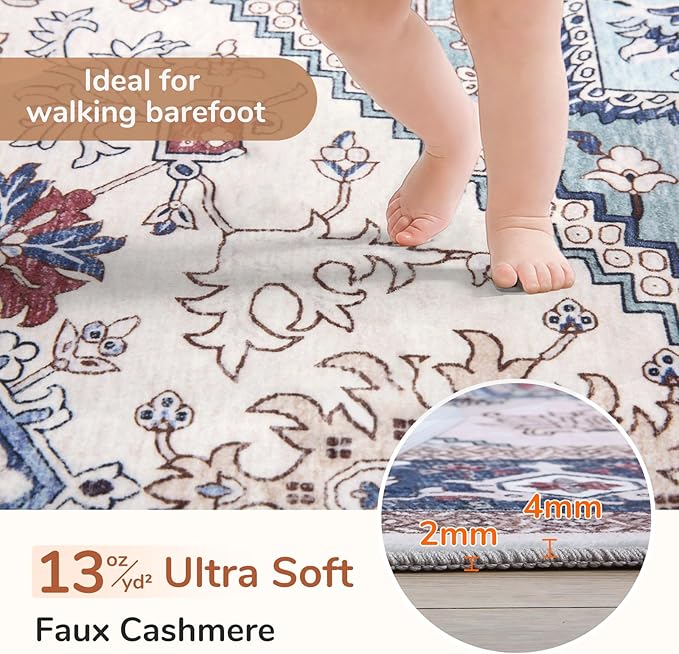 OPPODREAM Thin 8x10 Area Rugs, Washable Rugs 8x10 with Non Slip Backing, Faux Cashmere Low-Pile 8 x 10 Carpet, Navy Blue & Red & Cream