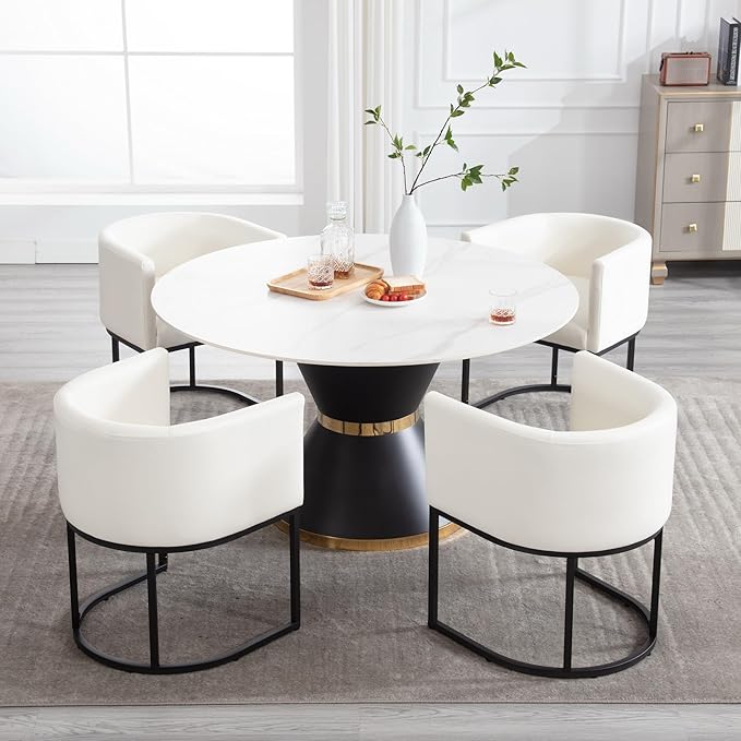 Faux Leather Dining Chairs Set of 4 Modern Barrel Arm Chairs with Black Metal Frame, Upholstered Kitchen Chairs 18.5" Wide Accent Chairs for Living Room Dining Room Restaurant, White