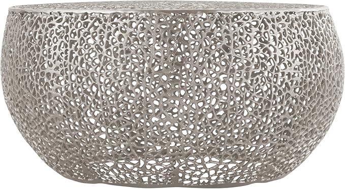 Modern Contemporary Round 32" Coffee Table, Solid Aluminum intrigued Design, Drum Shaped Mesh Cocktail Table, Creative Center Table for Living Room and Bedroom, Casted in Silver