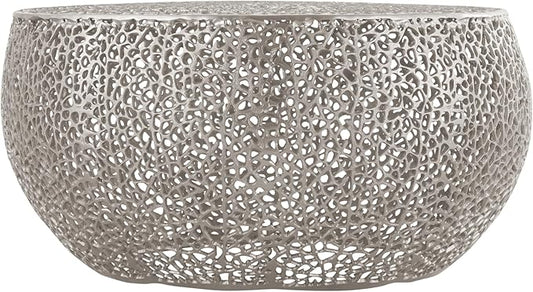 Modern Contemporary Round 32" Coffee Table, Solid Aluminum intrigued Design, Drum Shaped Mesh Cocktail Table, Creative Center Table for Living Room and Bedroom, Casted in Silver