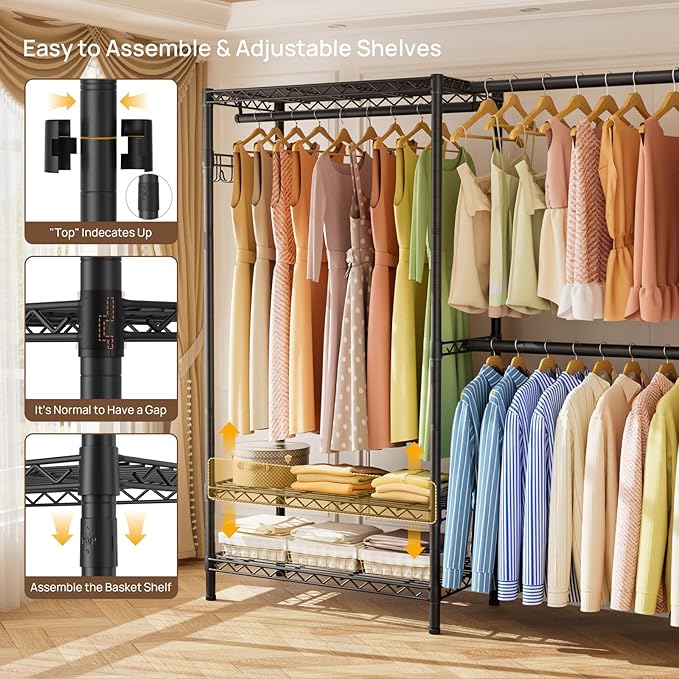 Heavy Duty Garment Rack Clothes Rack,Large Metal Closet Organizer System Storage Wardrobe,Freestanding Clothing Rack with 9 Adjustable Wire Shelves&3 Hang Rods,MaxLoad 1500lbs