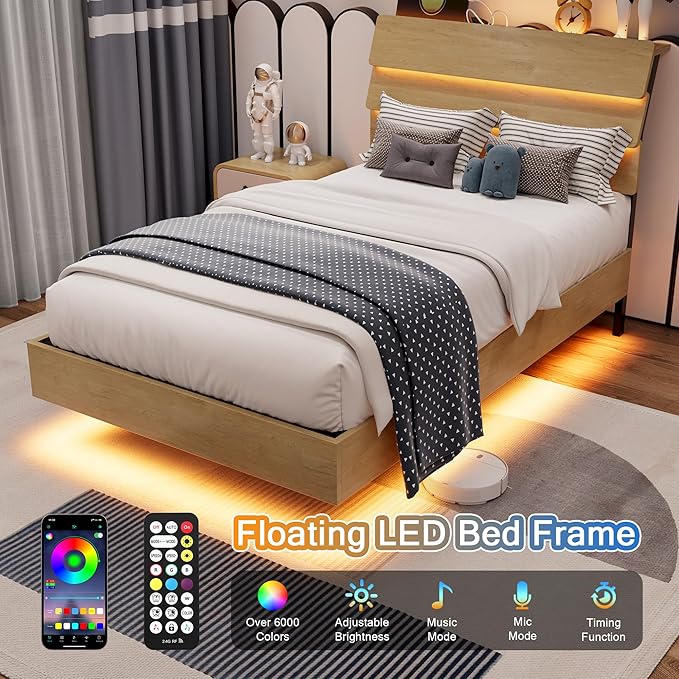 Twin Bed Frames with LED Light and Charging Station, Floating Wooden Bed Frame, Heavy Duty Metal Slats, No Box Spring Needed, Noise Free, Easy Assembly, Oak