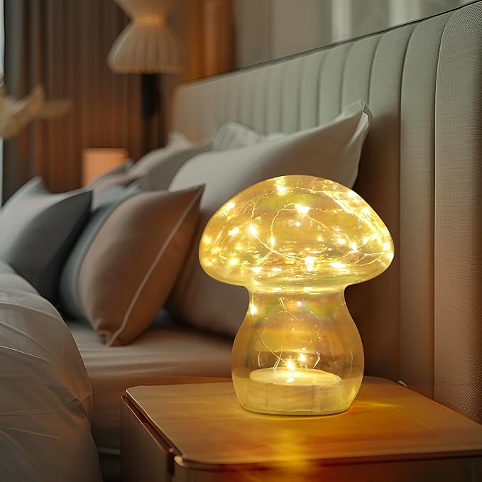 Glass Mushroom Table Lamp, 5.9" Cute LED Night Light for Home Decor, Battery Operated (3 AA), Modern Ambient Light for Living Room Bedroom Office Clear