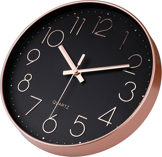 jomparis Rose Gold Black Wall Clock Silent Non-Ticking Quartz Sweep Decorative Battery Operated Wall Clocks