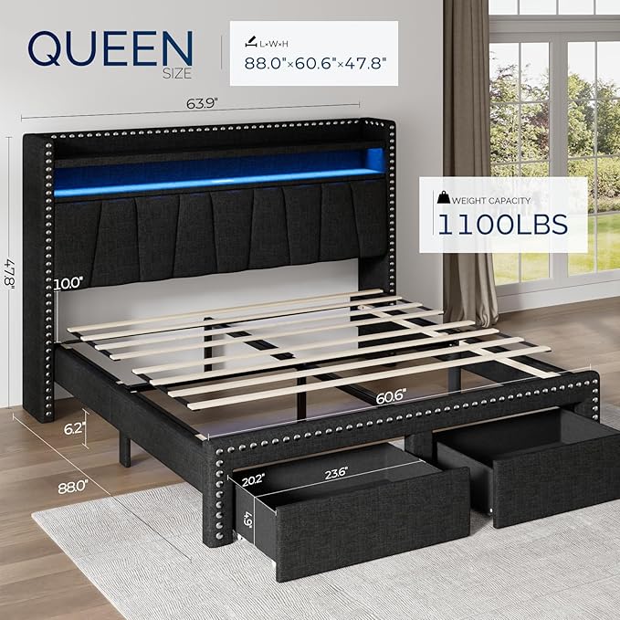 Queen Size Bed Frame with Storage Headboard and Drawers Modern Rivets Upholstered Bed Frame with LED Charging Station Queen Bedframe No Box Spring Needed