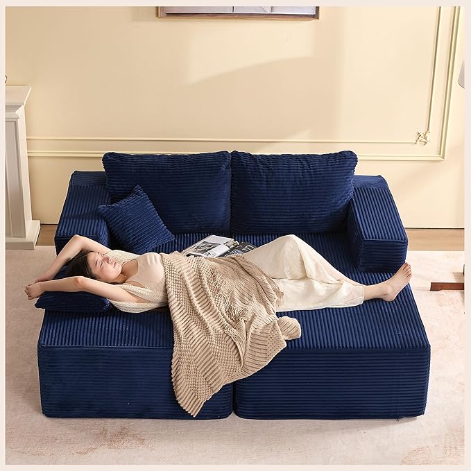 Chaise Lounge Chair, Boneless Couch for Living Room and Bedroom, Sleeper Couches Reading Chairs, Corduroy, Blue