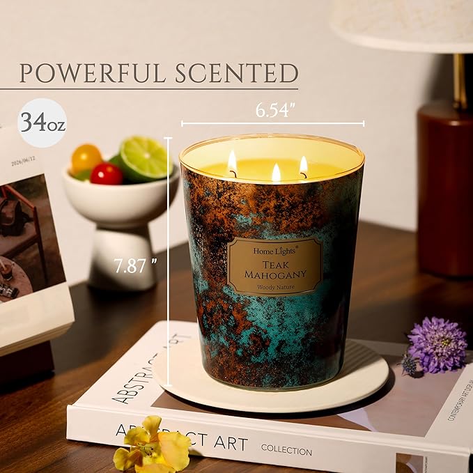 HomeLights Large jar Candle | 3-Wick Long-Lasting Scented Candles, 34oz Natural Soy Wax Candle for Home Scented, Industrial Chic Gifts for Women & Men, Teak Mahogany