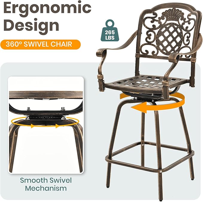 Pamapic 3-Piece Patio Swivel Bar Stools Set，Rustproof Cast Aluminum Patio Bar Sets 2，All-Weather High TopTable and Chairs Furniture Set Garden, Balcony, Bronze