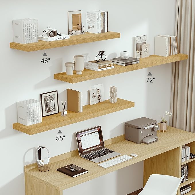 Vivelove 12" Deep Floating Shelves with Invisible Brackets, 72" Wall Shelves for Bathroom Bedroom Kitchen Living Room Laundry Room, Modern Rustic Shelves for Home Decor, 72"x12"x2", Set of 1, Oak