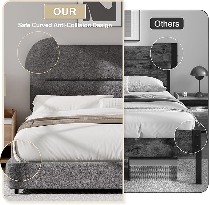 HOMBCK King Size Bed Frame, Boucle Upholstered Bed Frames and Headboard, Soft Bed Frame King with Thickened Footboard, Rounded Corners, No Box Spring Needed, Easy Assembly, Grey