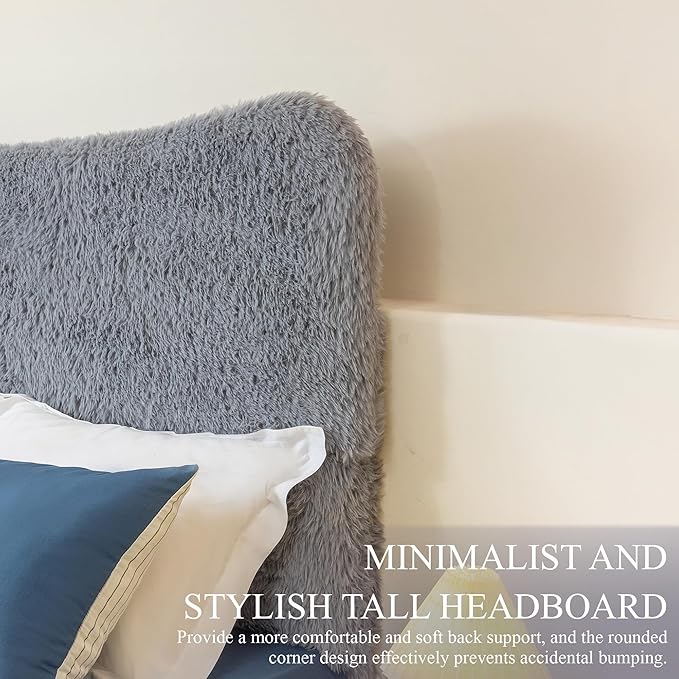 Brafab Queen Bed Frame with Headboard, Boho Fluffy Boucle Cloud Upholstered Platform Bed with Soft Rounded Corners and Wooden Slats, No Box Spring Needed, Noise Free, Easy Assembly, Gray