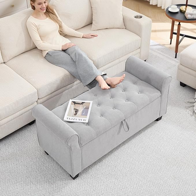 End of Bed Storage Bench for Bedroom, 49" Upholstered Storage Ottoman with Rolled Arms, Rivet Polyester Fabric Ottoman Bench for Bedroom, Living Room, Window, Entryway, Light Gray