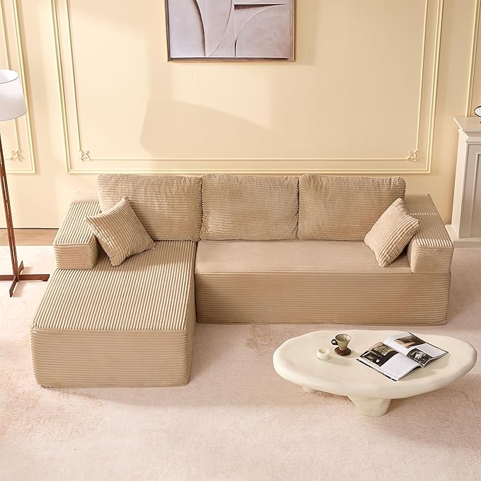 107" Boneless Couch with Deep Seat, Modular Sectional Sofa, Cloud Sectional Couch for Living Room, No Assembly Required, Corduroy, L-Shape Left?Camel
