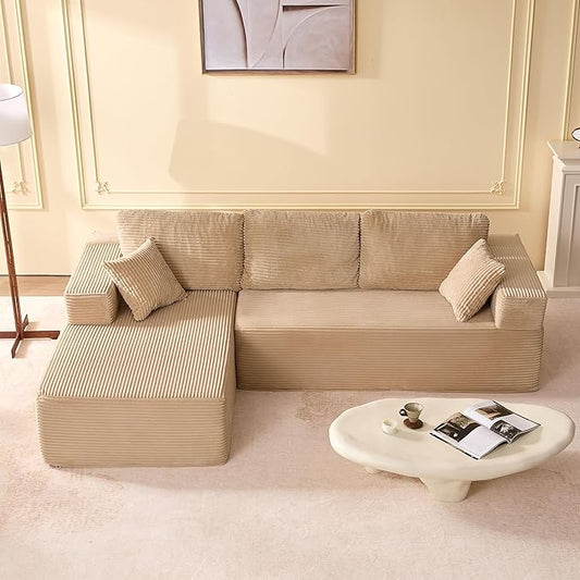 107" Boneless Couch with Deep Seat, Modular Sectional Sofa, Cloud Sectional Couch for Living Room, No Assembly Required, Corduroy, L-Shape Left?Camel
