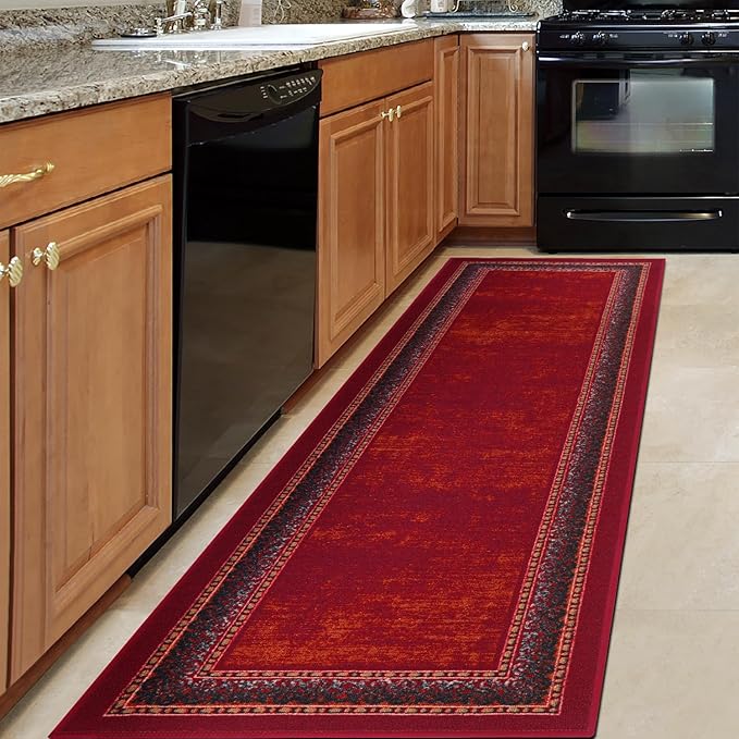 Antep Rugs Alfombras Bordered Modern 2x7 Non-Slip (Non-Skid) Low Pile Rubber Backing Indoor Area Runner Rug (Maroon Red, 2' x 7')