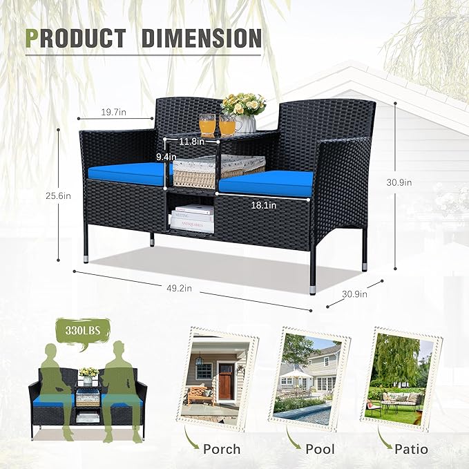 Greesum Patio Loveseat Outdoor Wicker Furniture Conversation Set with Soft Cushions & Built-in Coffee Table for Lawn Garden Backyard, Blue