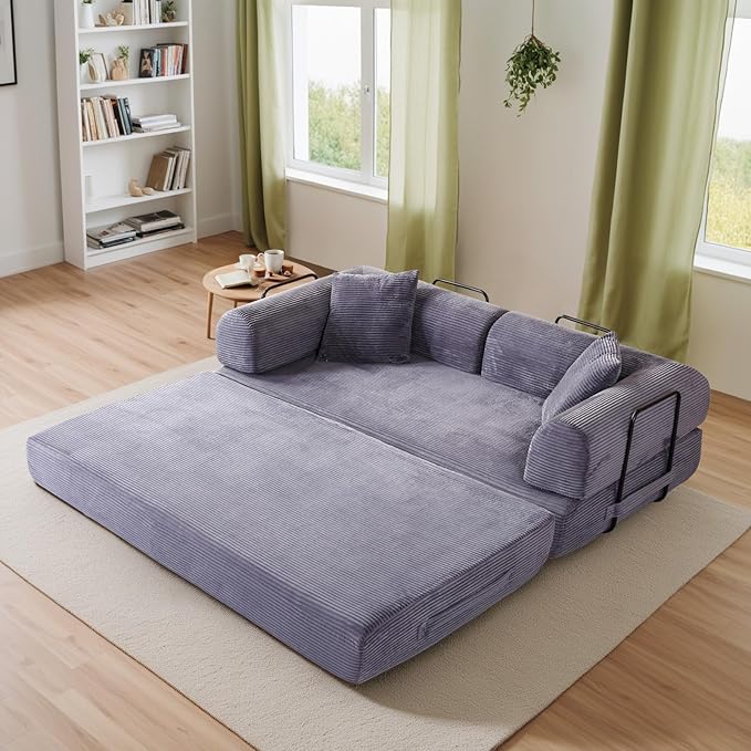 Antetek Convertible Futon Sofa Bed, 3-Seater Modern Corduroy Foam Floor King Size Bed Fold Out Sleeper Lounge Loveseat Sofa Couch with 2 Throw Pillows for Living Room Bedroom Guest Room, Light Grey