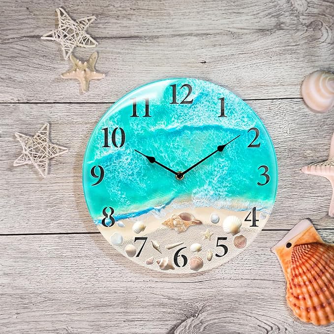 Coastal Nautical Glass Wall Clock with Seashell Design and Aesthetic Beach Theme - Battery Operated Silent Wall Decor for Home, Kitchen, Living Room, Office, Bedroom, or Bathroom (12 Inch,Teal)