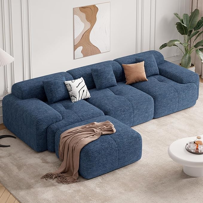 122" Modern Boneless Couches for Living Room, Convertible L Shaped Modular Sectional Sofa,4 Seater Cloud Couch Sofa Set, Blue 1 PCS