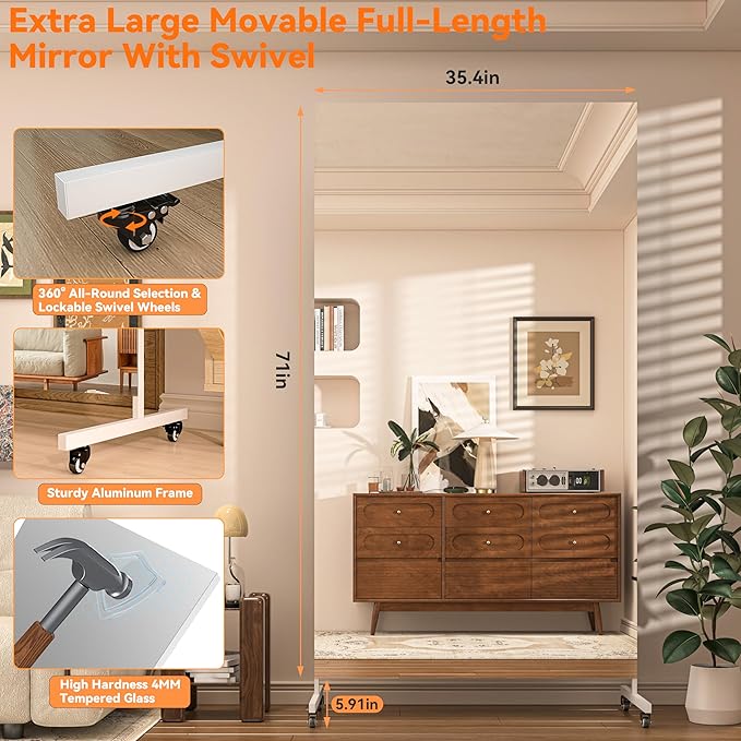 Hasipu Home Gym Mirror 360° Swivel on Wheels, 71" x 36" Extra Large Full Body Rolling Mirror for Yoga Studio, Bedroom, Dancing Studio, White